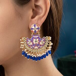 Purple Meenakari Chandbali Earrings | Floral Enamel Moon Dangles